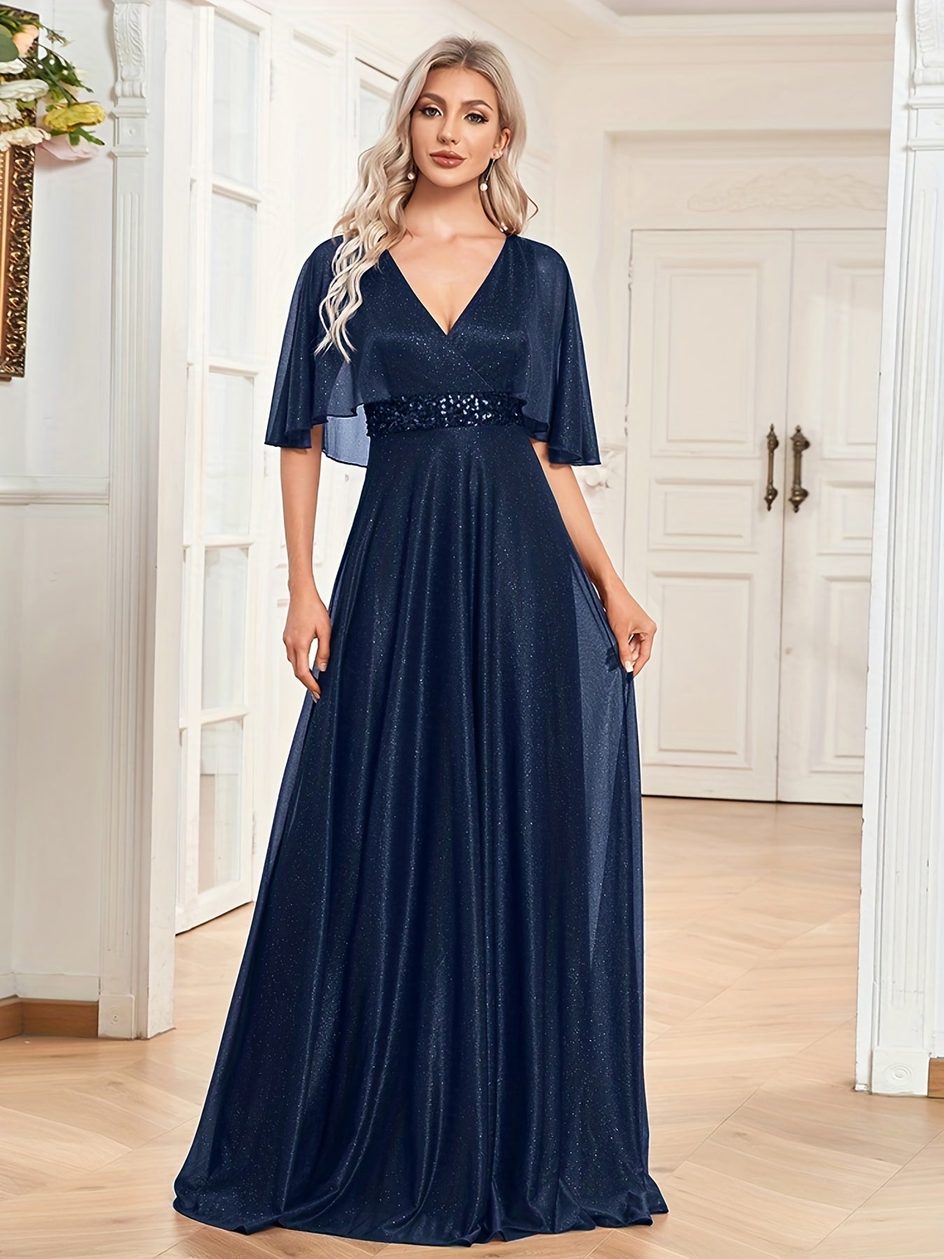 Sequin Bridesmaid Dress Cape Sleeve Surplice Neck