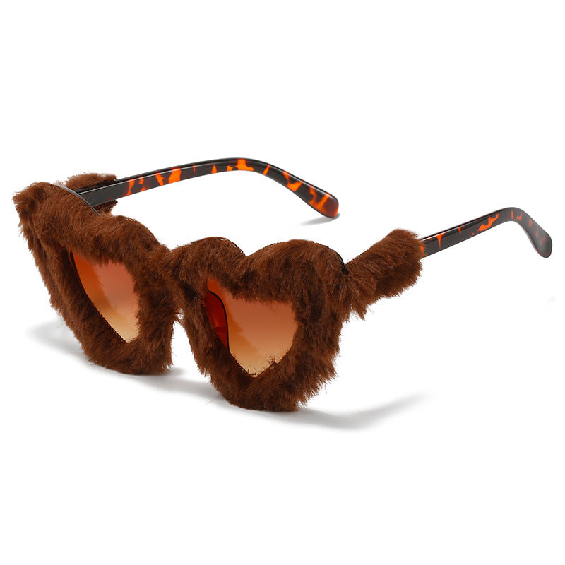 Heart Plush Fuzzy Fur Sunglasses For Women Novelty Frame Punk Velvet Cat Eye