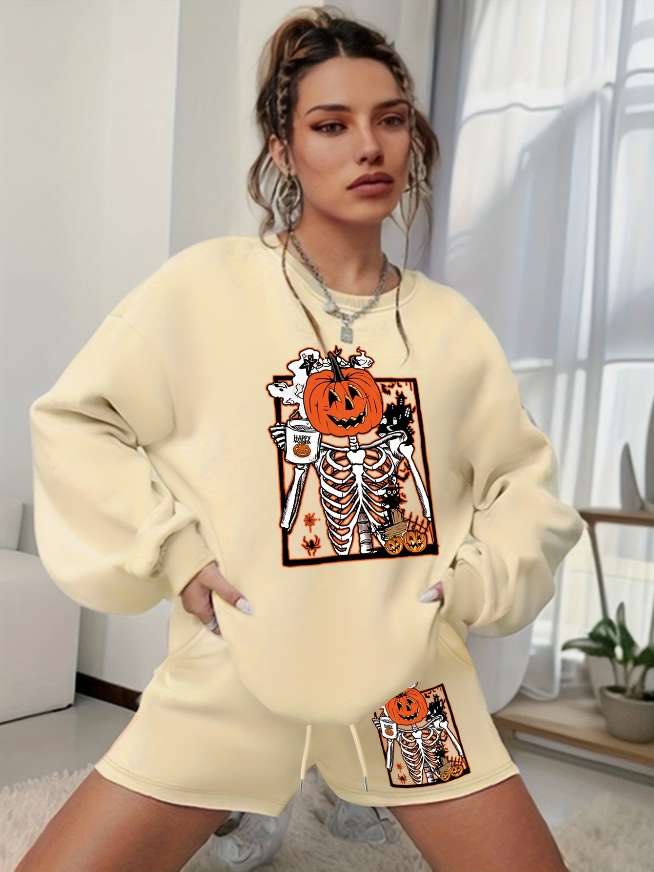  Halloween Graphic Print Sweatshirt & Shorts Set