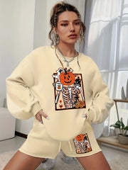  Halloween Graphic Print Sweatshirt & Shorts Set