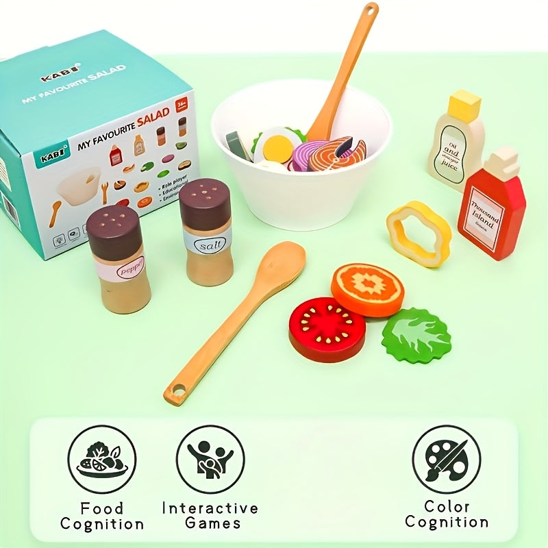 Wooden Fruit and Vegetable Salad Set with Utensils for Kids