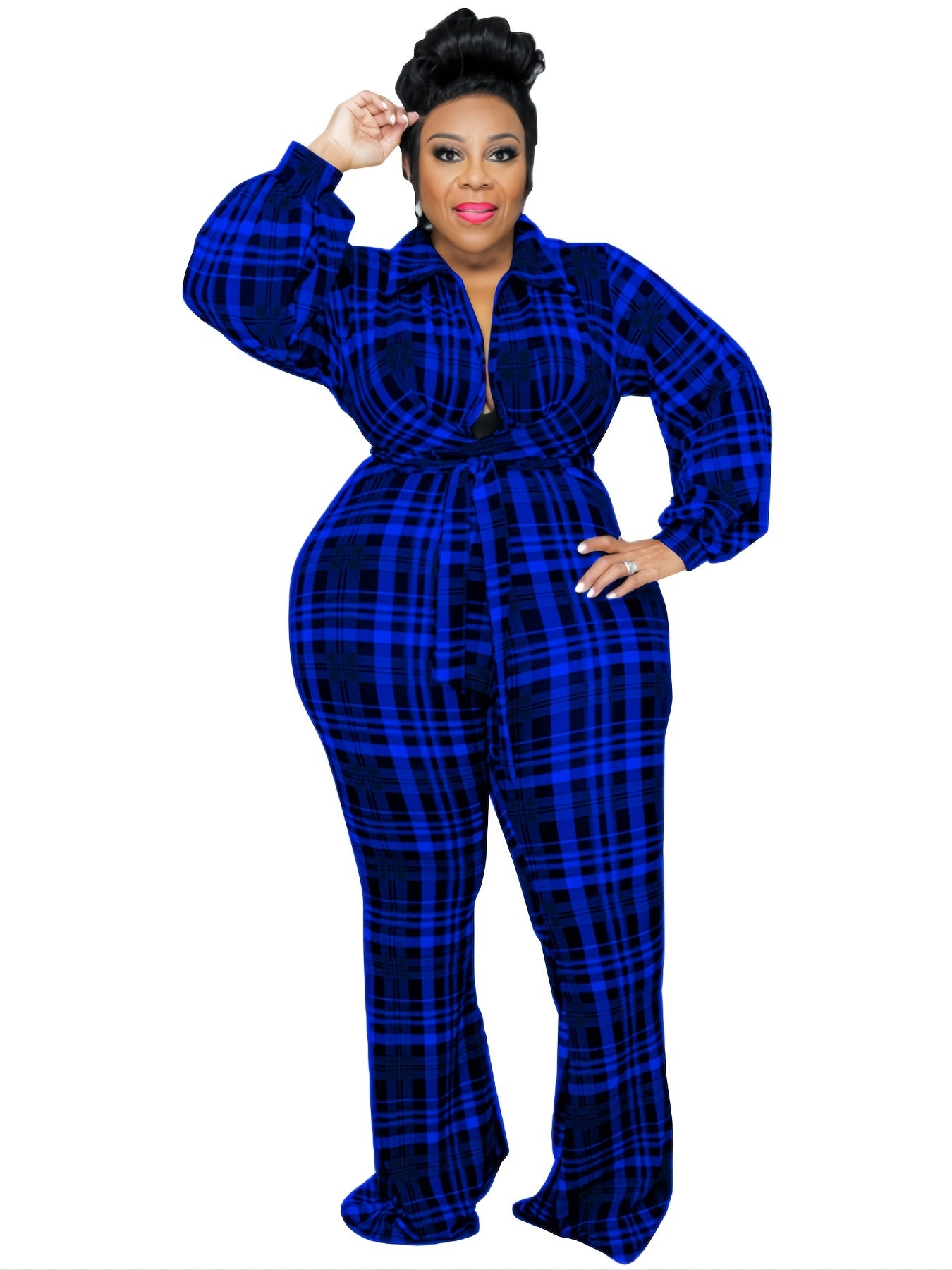  Plaid Lantern Sleeve Jumpsuit with Flared Leg