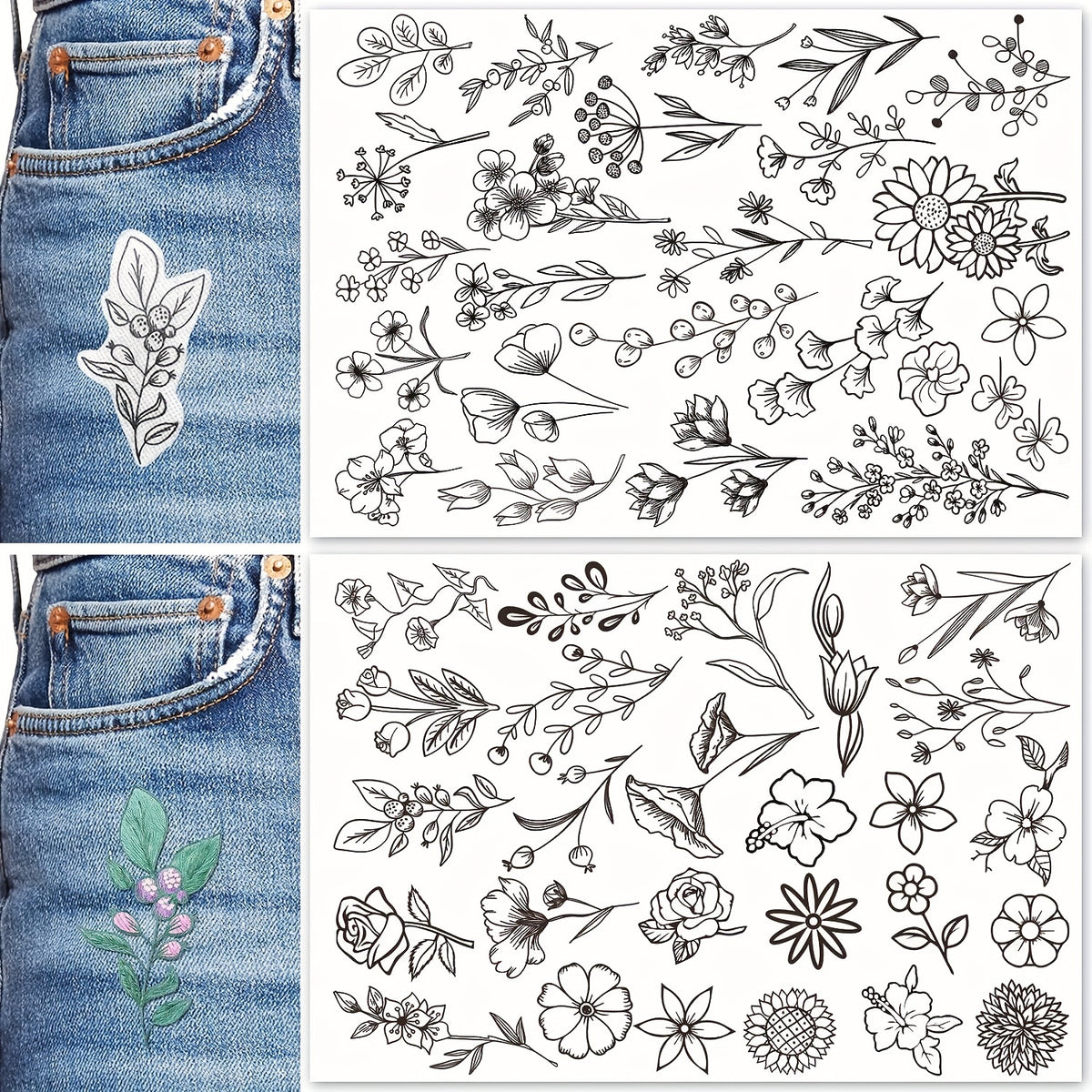 50pcs Stick And Stitch Embroidery Paper Pre Printed Flowers Pattern
