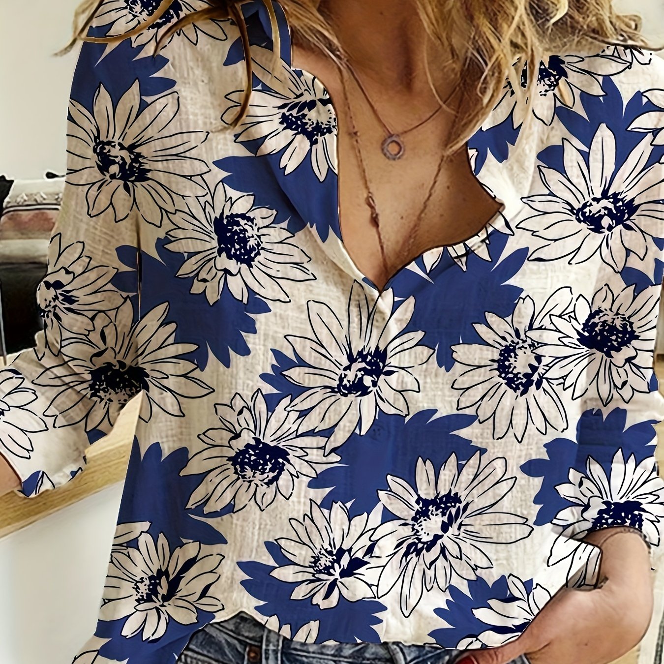  Daisy Print Button Up Collar Shirt