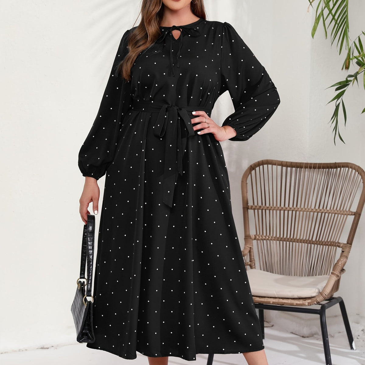  Polka Dot Long Sleeve Maxi Dress With Belt