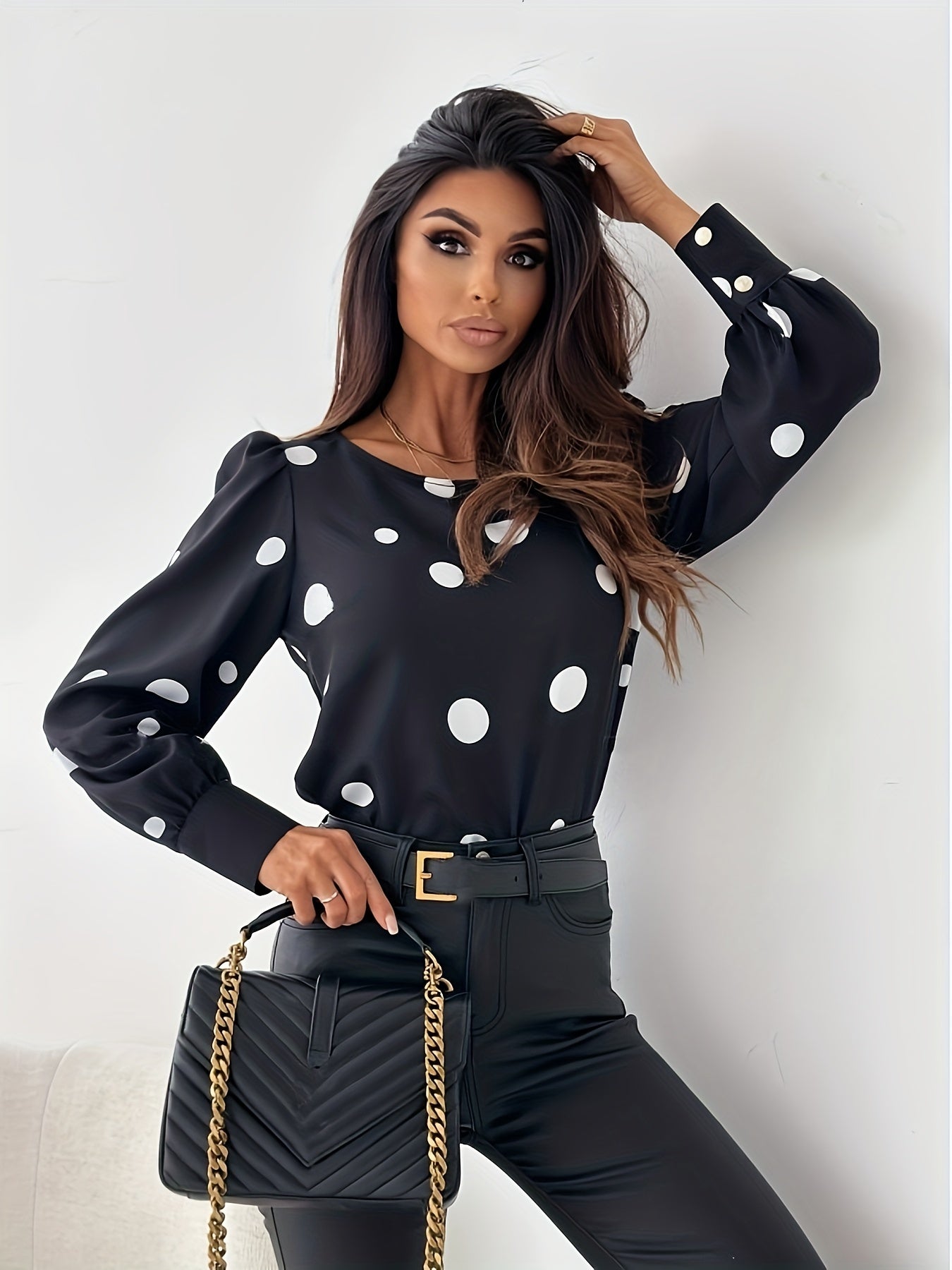  Dot Print Lantern Sleeve Blouse
