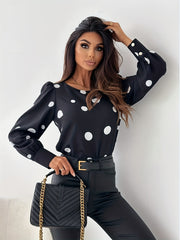  Dot Print Lantern Sleeve Blouse