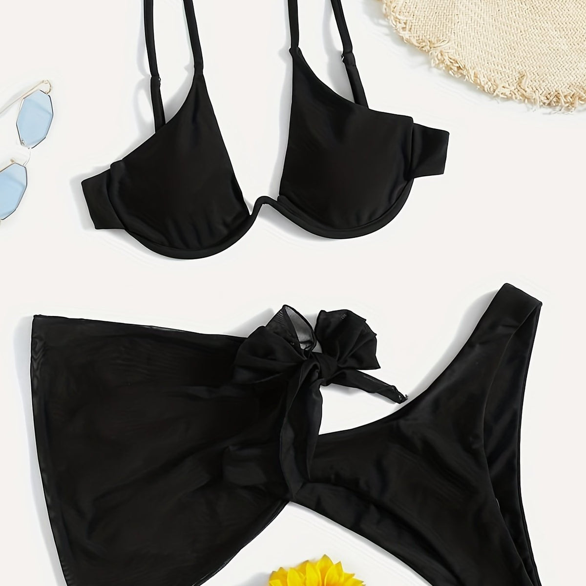 Mesh Tie Side Cover Up Solid Bikini Set