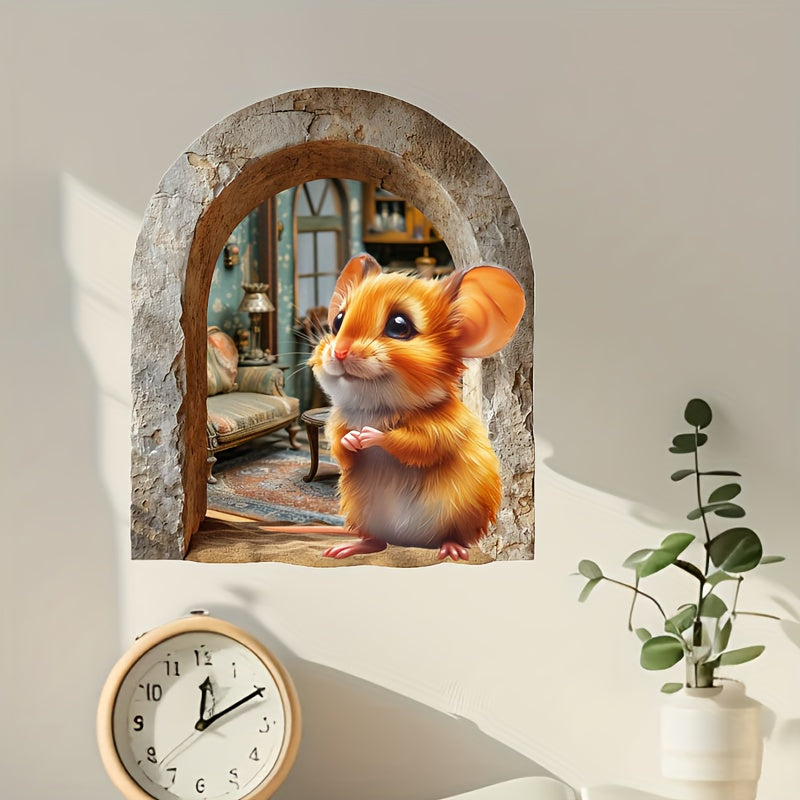 Whimsical 3D Mouse Hole Wall Decal with Red Coated Rat
