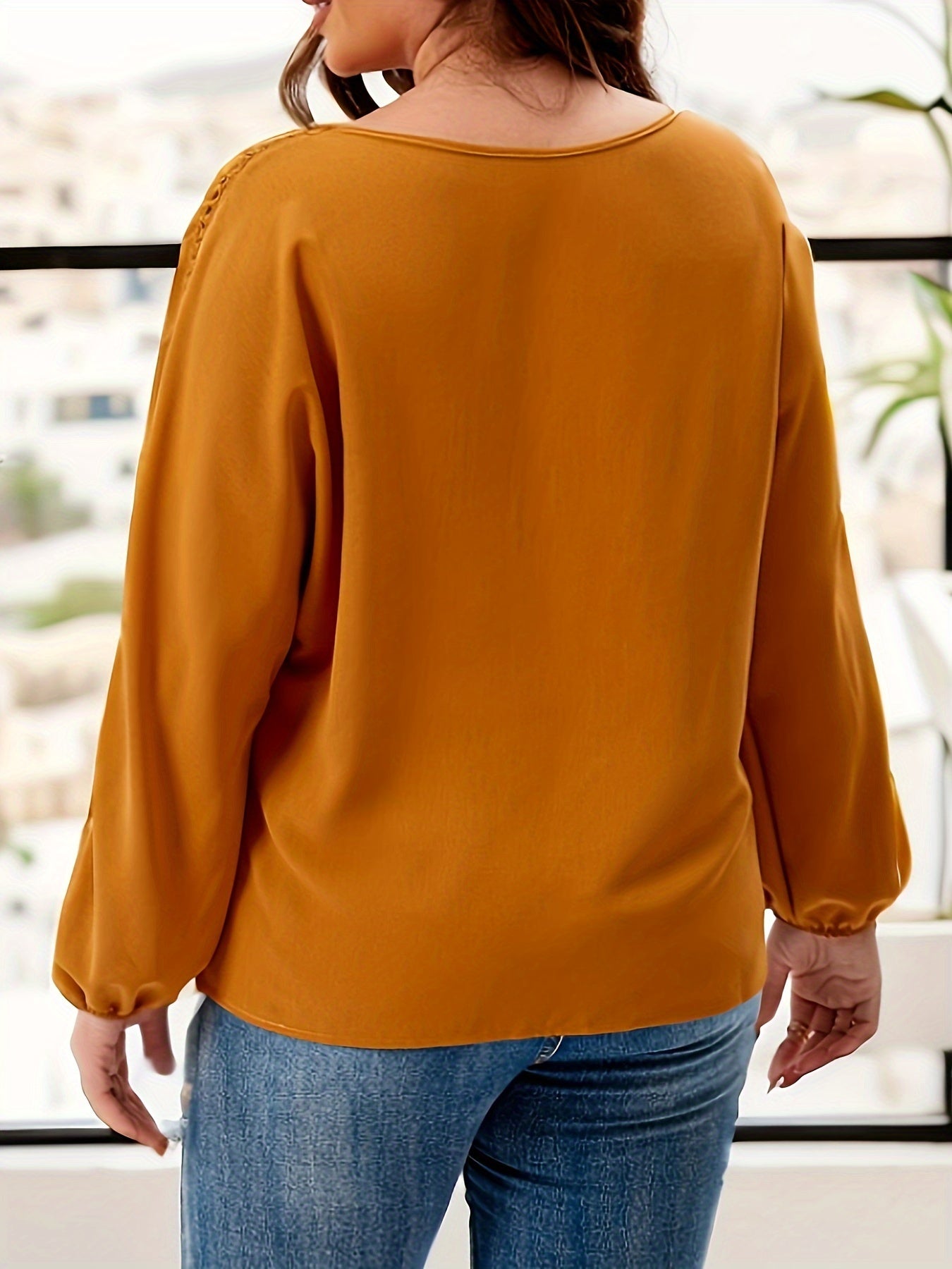  Casual Blouse Women's Plus Solid Contrast Lace Round Neck Lantern Slee