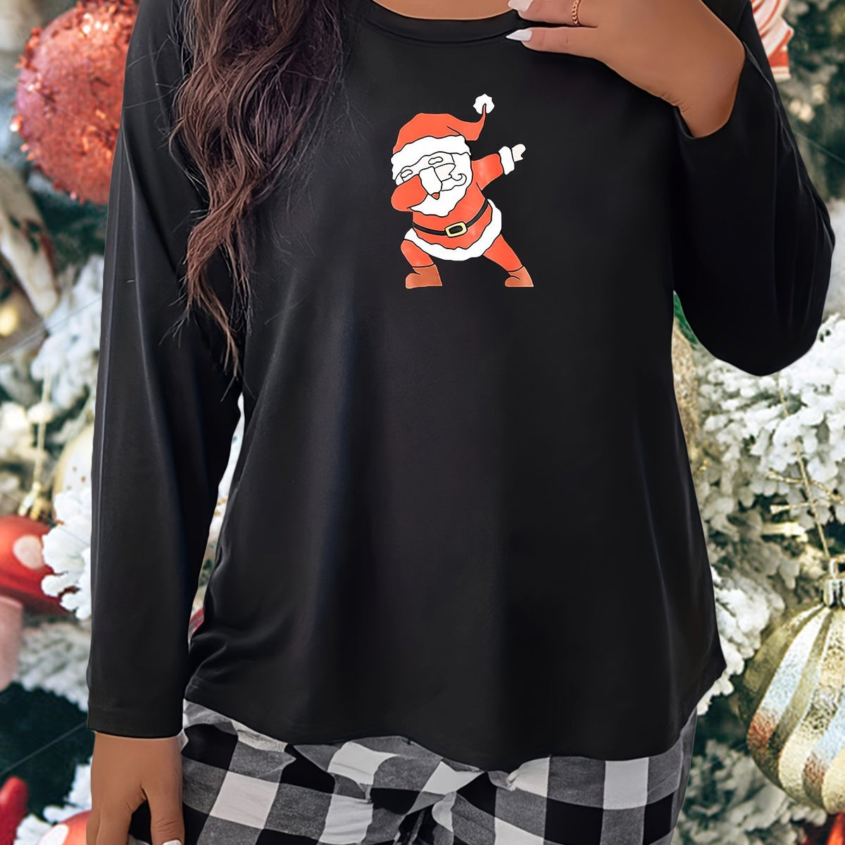  Christmas Casual Pajama Top Women's Plus Santa Print Long Sleeve Tee