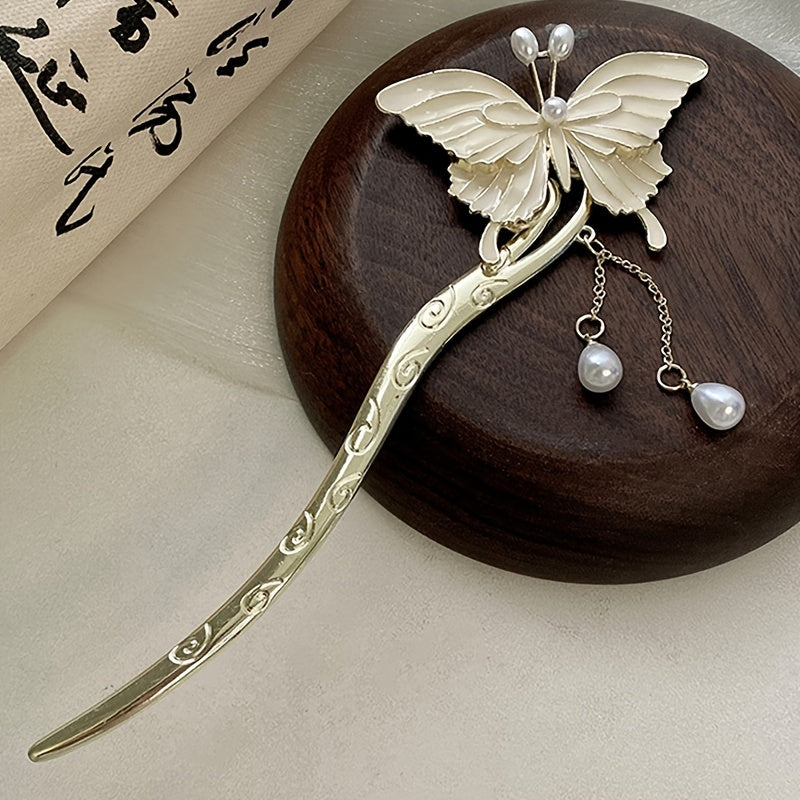 Chinese Vintage Butterfly Tassel Faux Pearl Hairpin Hanfu Antique Metal