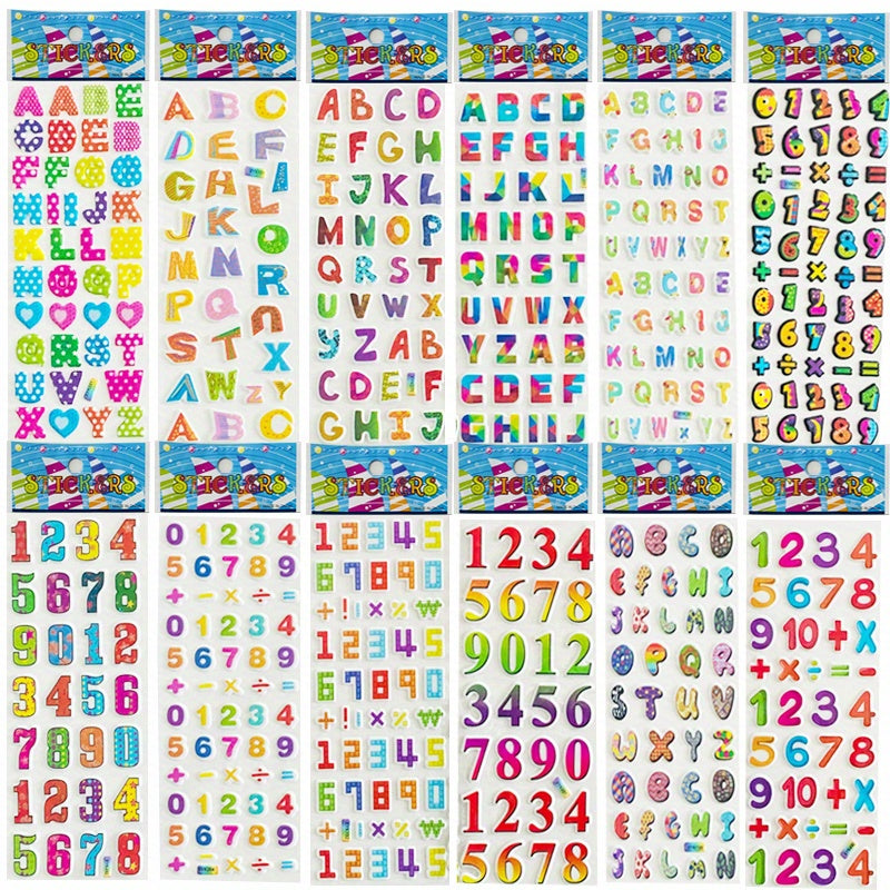 12pcs 3D Puffy Alphabet & Number Stickers Educational Toys for Boys & Girls