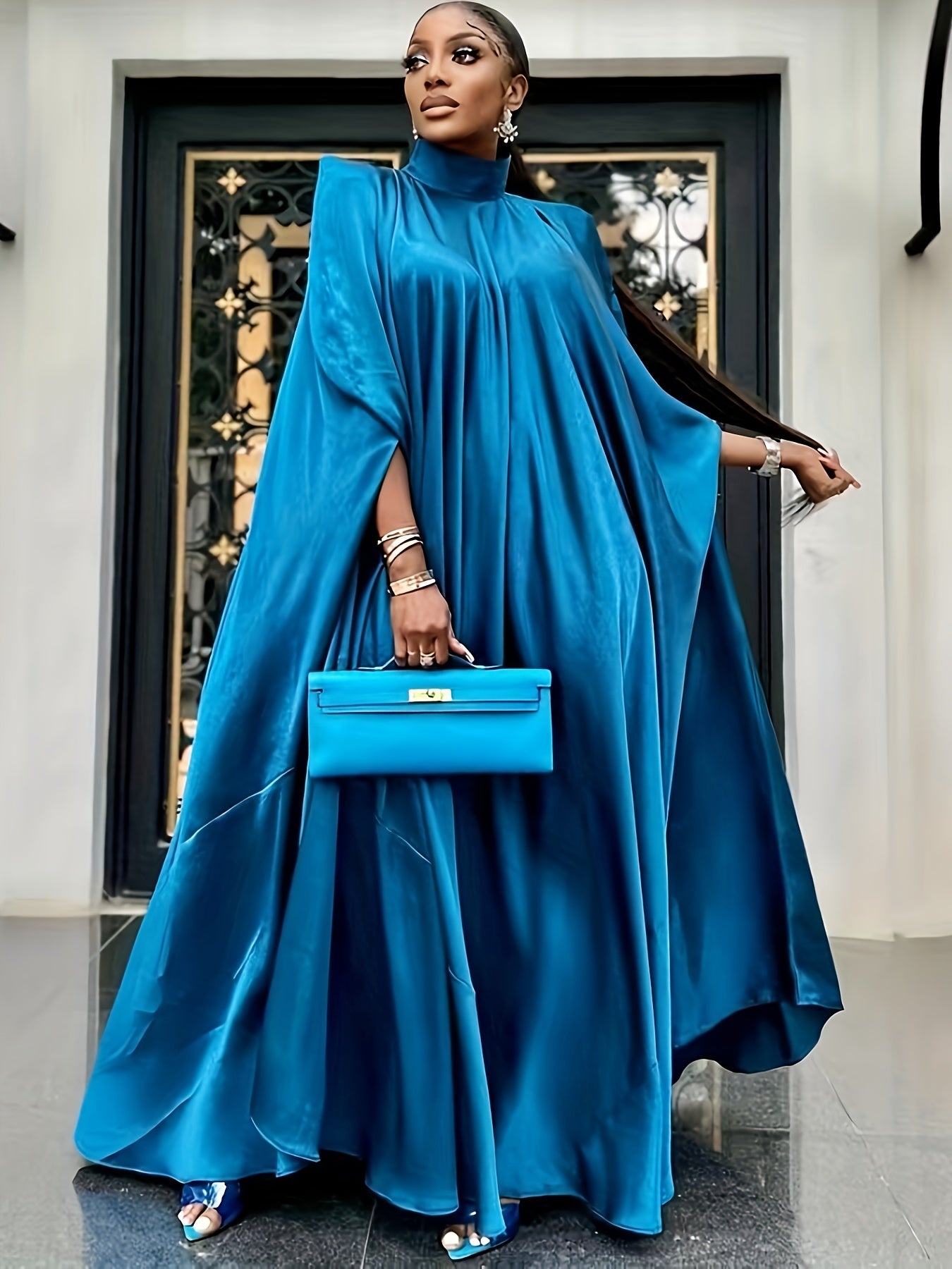  Satin Bat Sleeve Maxi Caftan Dress