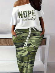  Casual 2 Piece Set Women's Plus Letter Print Top & Drawstring Skirt