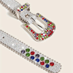 Rhinestone Inlaid PU Belt Sparkly Beads Decor Thin Sequin Belt
