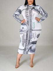 Women's Plus Size Casual Dollar Print Long Sleeve Dress