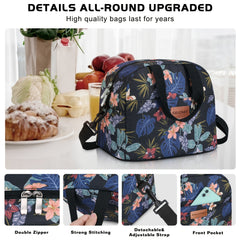 Flower Pattern Insulated Lunch Bag with Shoulder Strap