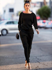 Casual Solid Two-piece Set Long Sleeve Crew Neck Top & Slim Pants