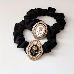 Rose Pattern Faux Pearl Decor Hair Tie Elastic Scrunchie