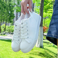 Women's Canvas Lace Up Low Top Sneakers - Casual Round Toe Flat Shoes