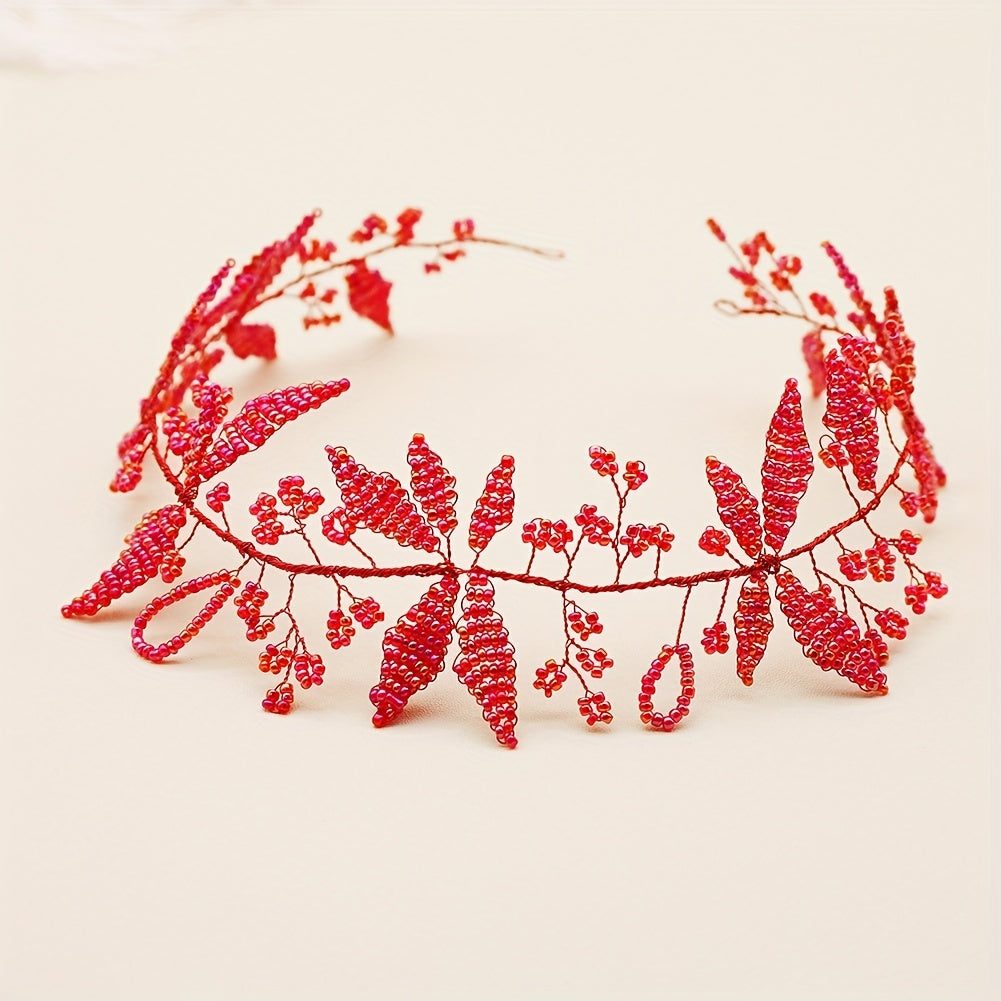 Red Crystal Beaded Hair Band Braided Headband Bridal Wedding Headwear