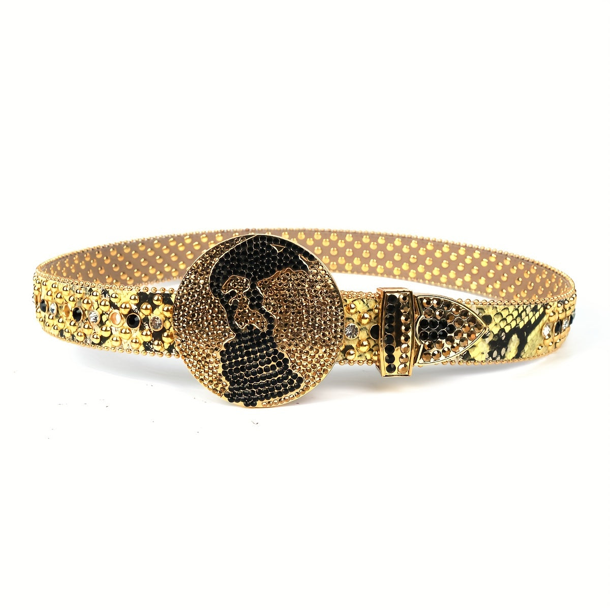 Yellow Sparkly Belt Y2K Punk Rivet Belts Rhinestone Round Buckle Belt