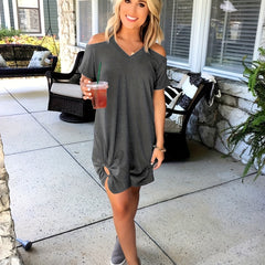  Casual Dress Plain Cold Shoulder Cut Out V Neck