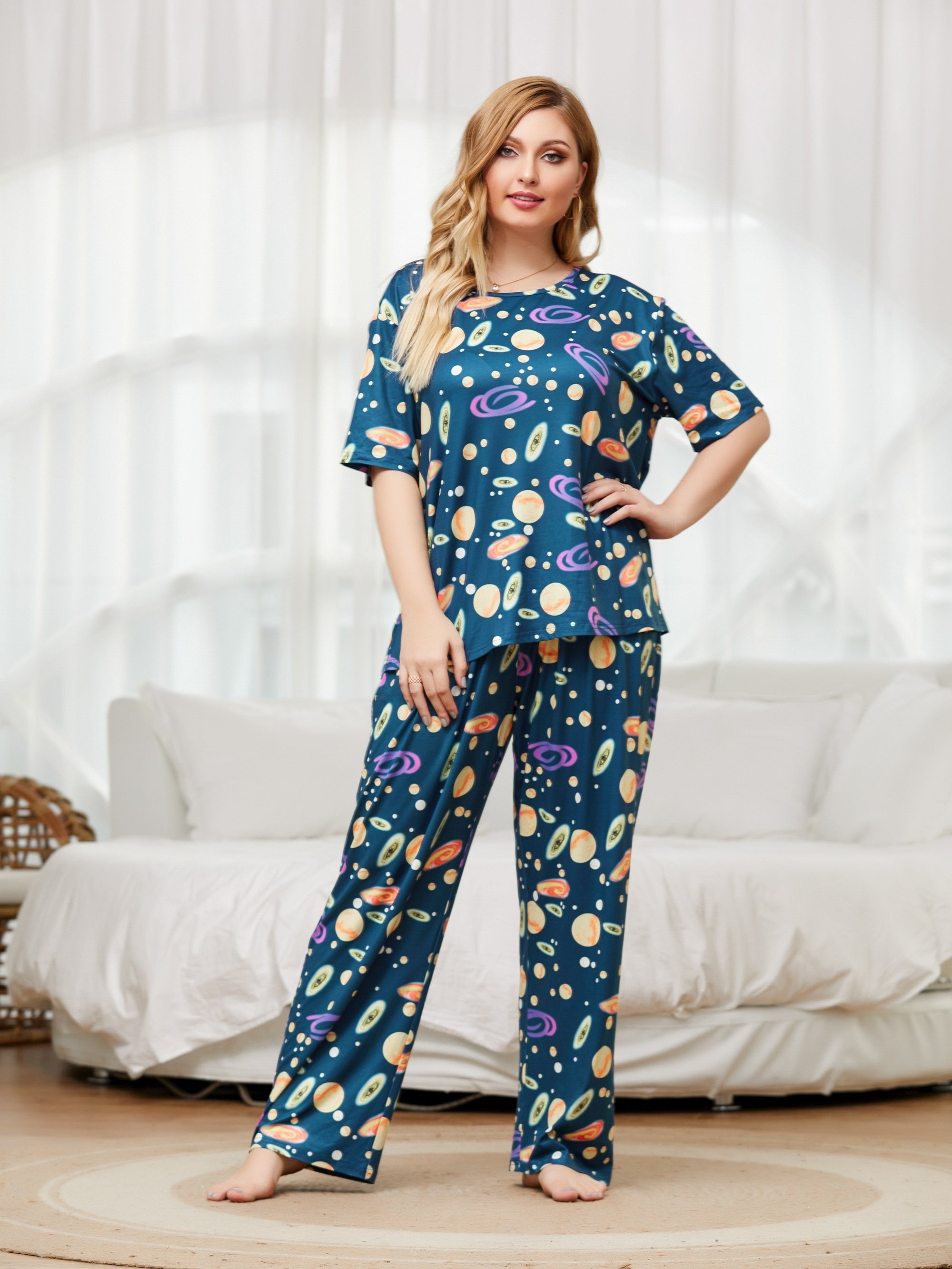 Planet Print Pajama Set Short Sleeve Top & Pants Two Piece Set