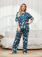  Planet Print Pajama Set Short Sleeve Top & Pants Two Piece Set