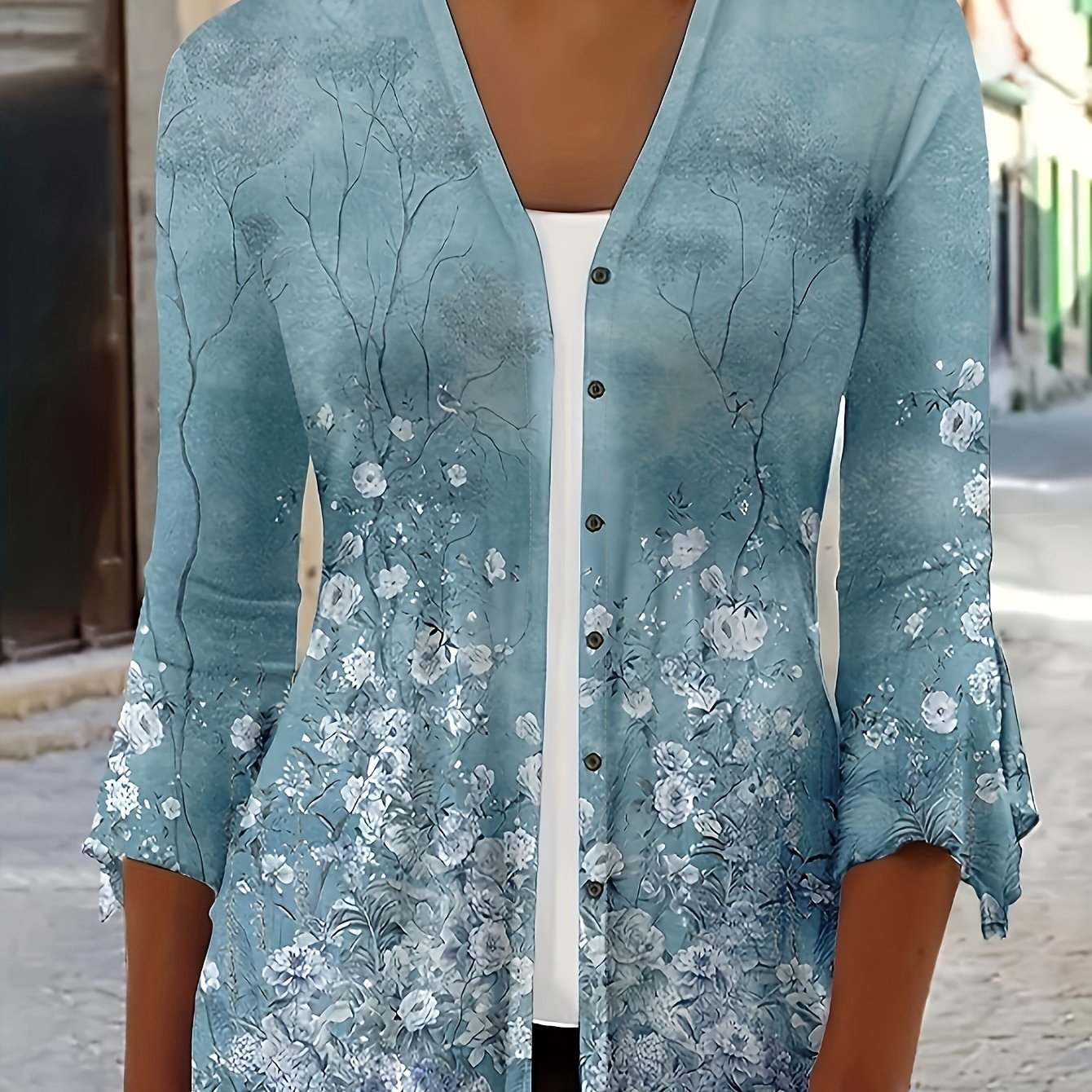  Floral Print Bell Sleeve Button Up Cardigan