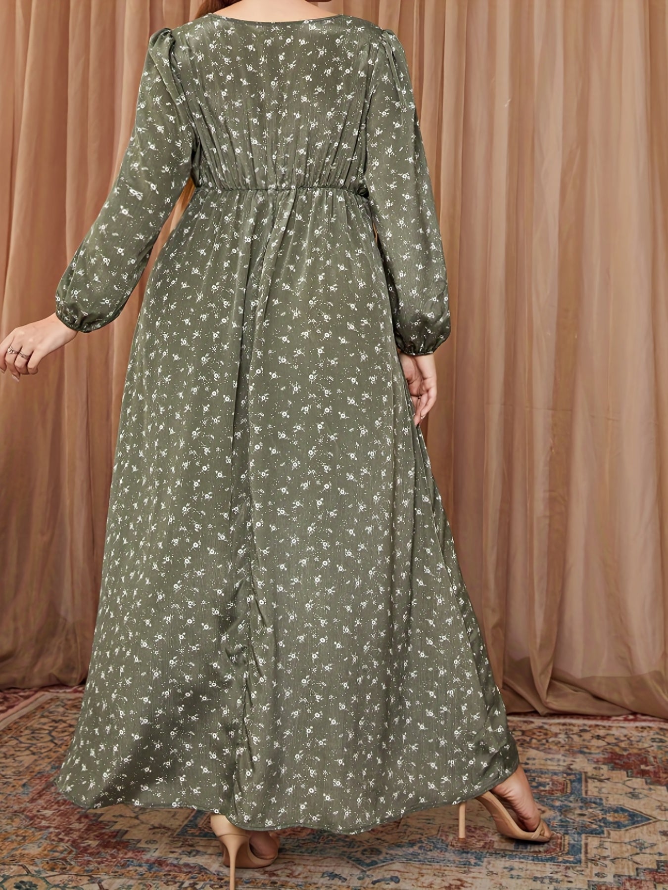 Plus Size Retro Dress Women's Plus Ditsy Floral Print Lantern Sleeve Square Neck