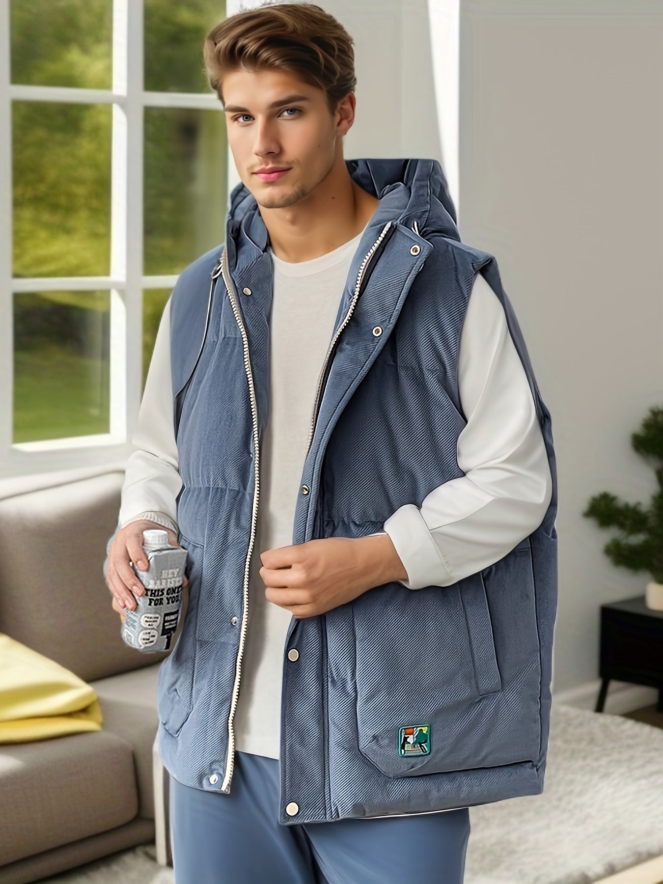 Men's Padded Thick Hooded Vest Large Pocket Warm Autumn Winter