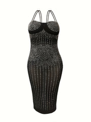 Plus Size Rhinestone Semi Sheer Cami Cocktail Dress
