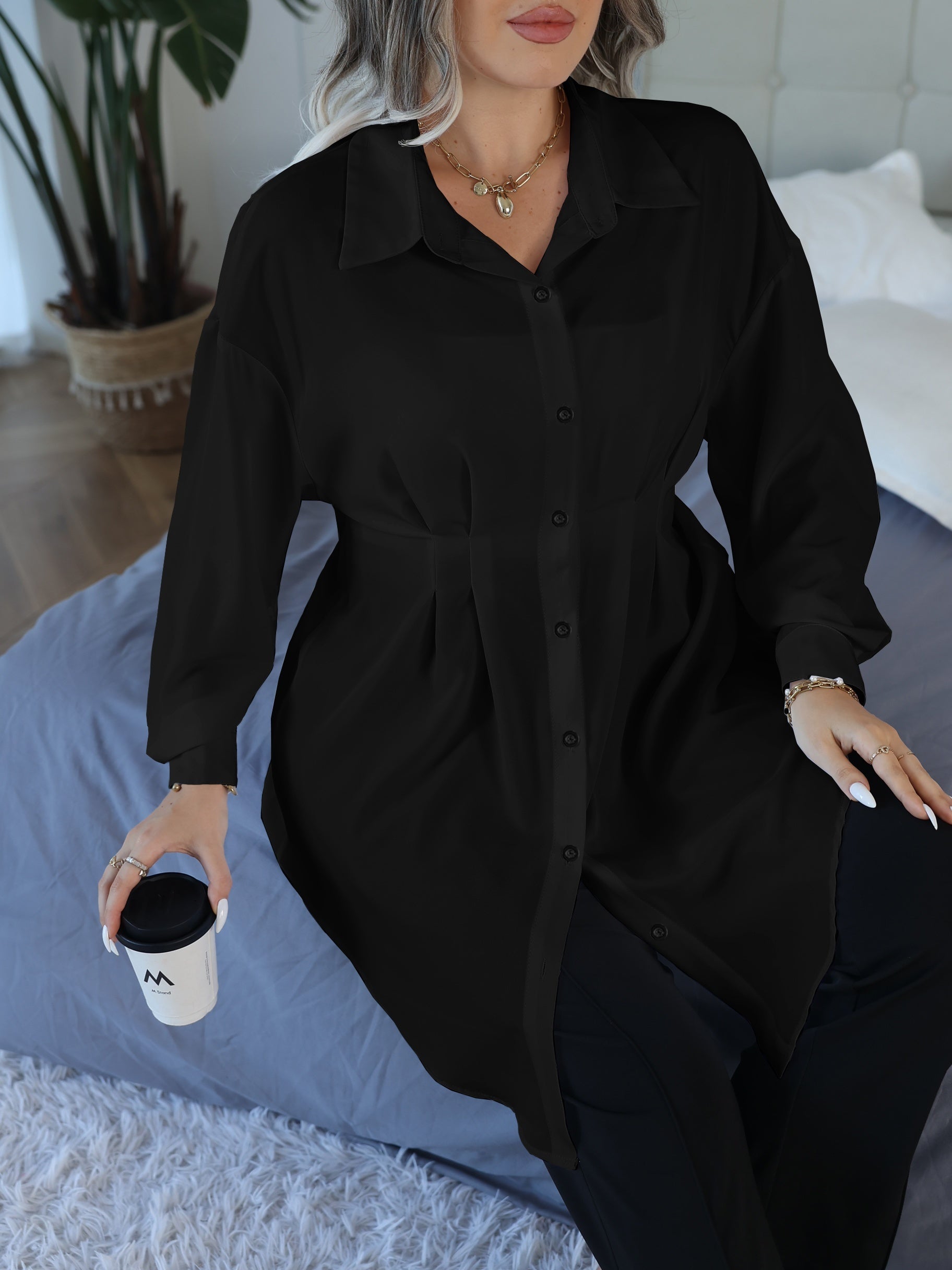  Blouse Solid Lantern Sleeve Button Up Collar