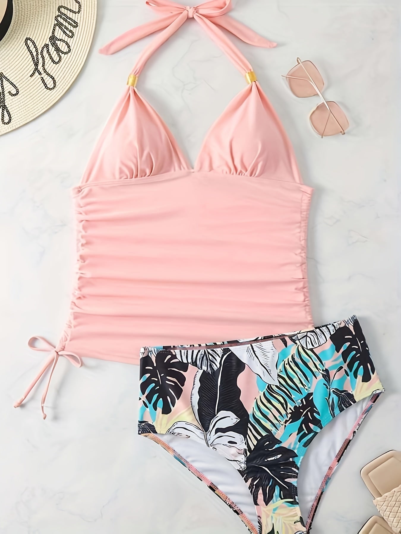  Boho Tankini Set Solid Ruched Lace Halter Top & Tropical Print