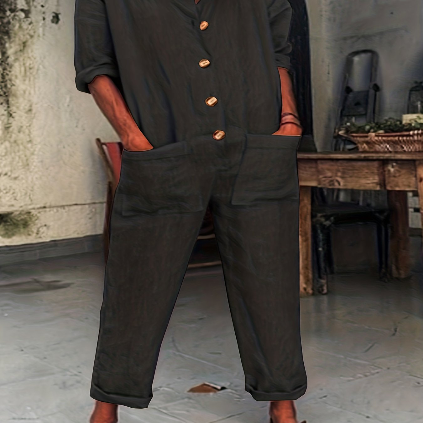  Half Sleeve Round Neck Button Up Jumpsuit