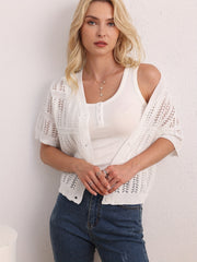 Eyelet Button Up Short Sleeve Cardigan for Summer