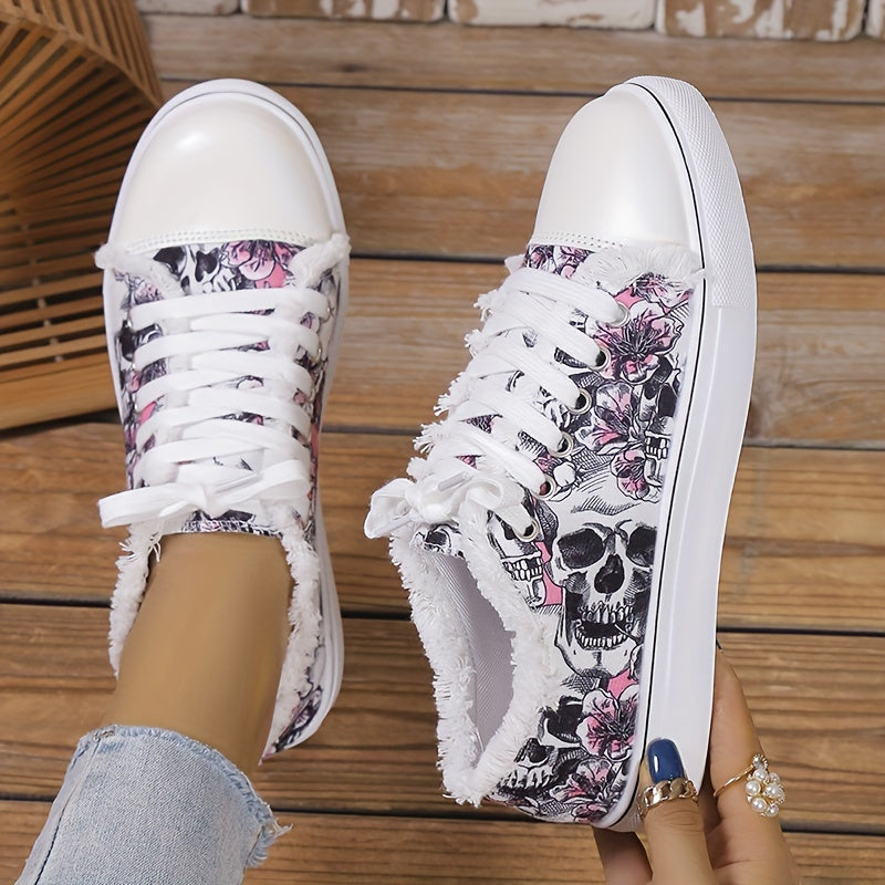 Women's Skull Print Canvas Shoes Casual Lace Up Outdoor Sneakers