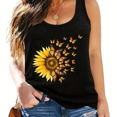  Butterfly & Sunflower Print Round Neck Tank Top