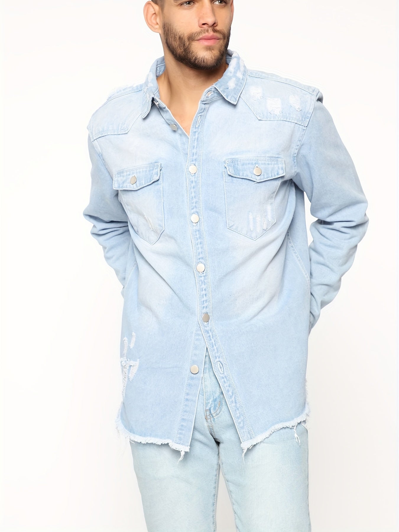 Men's Casual Denim Shirt Turn Down Collar Button Up