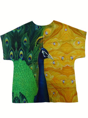  Peacock Print Short Sleeve Blouse