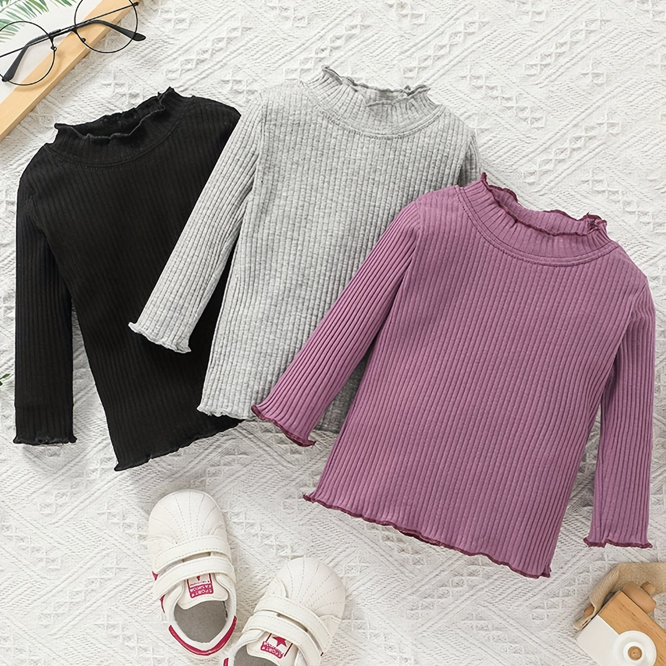 Baby Toddler Girls Long Sleeve Solid Wave Edge T Shirt Tops Blouse Sweater