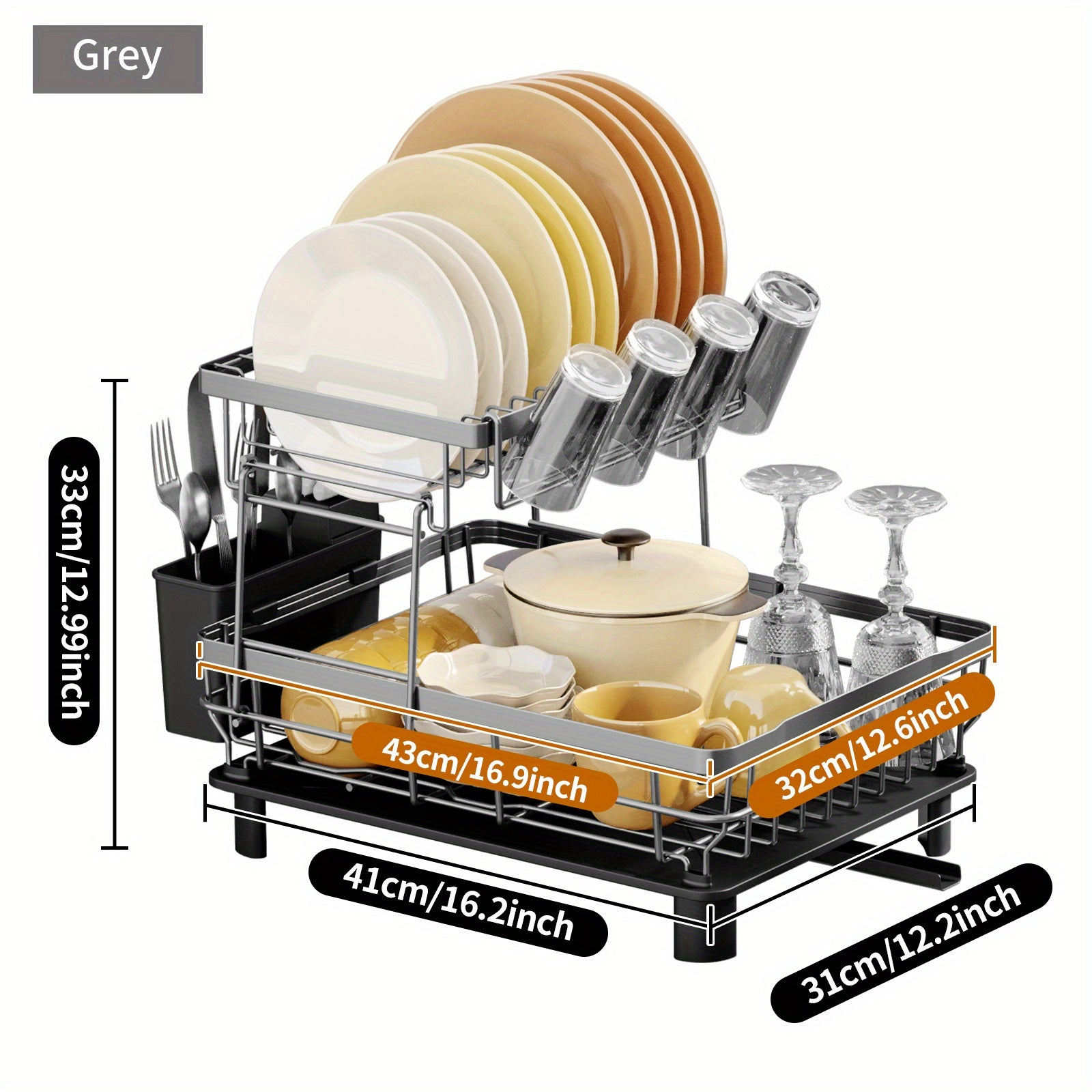2 Tier Dish Drying Rack with DrainBoard - Large Kitchen Counter Dish Drainer