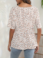  Ditsy Print Short Sleeve V Neck Peplum Blouse