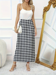  Houndstooth Print High Rise Stretch Side Split Maxi Midi Skirt