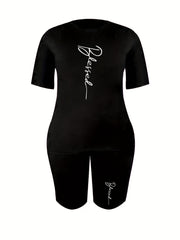  Letter Print Short Sleeve Tee & Shorts 2 Piece Set