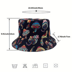 Y2K Mushroom Print Reversible Bucket Hat Hip Hop Sunshade Cap