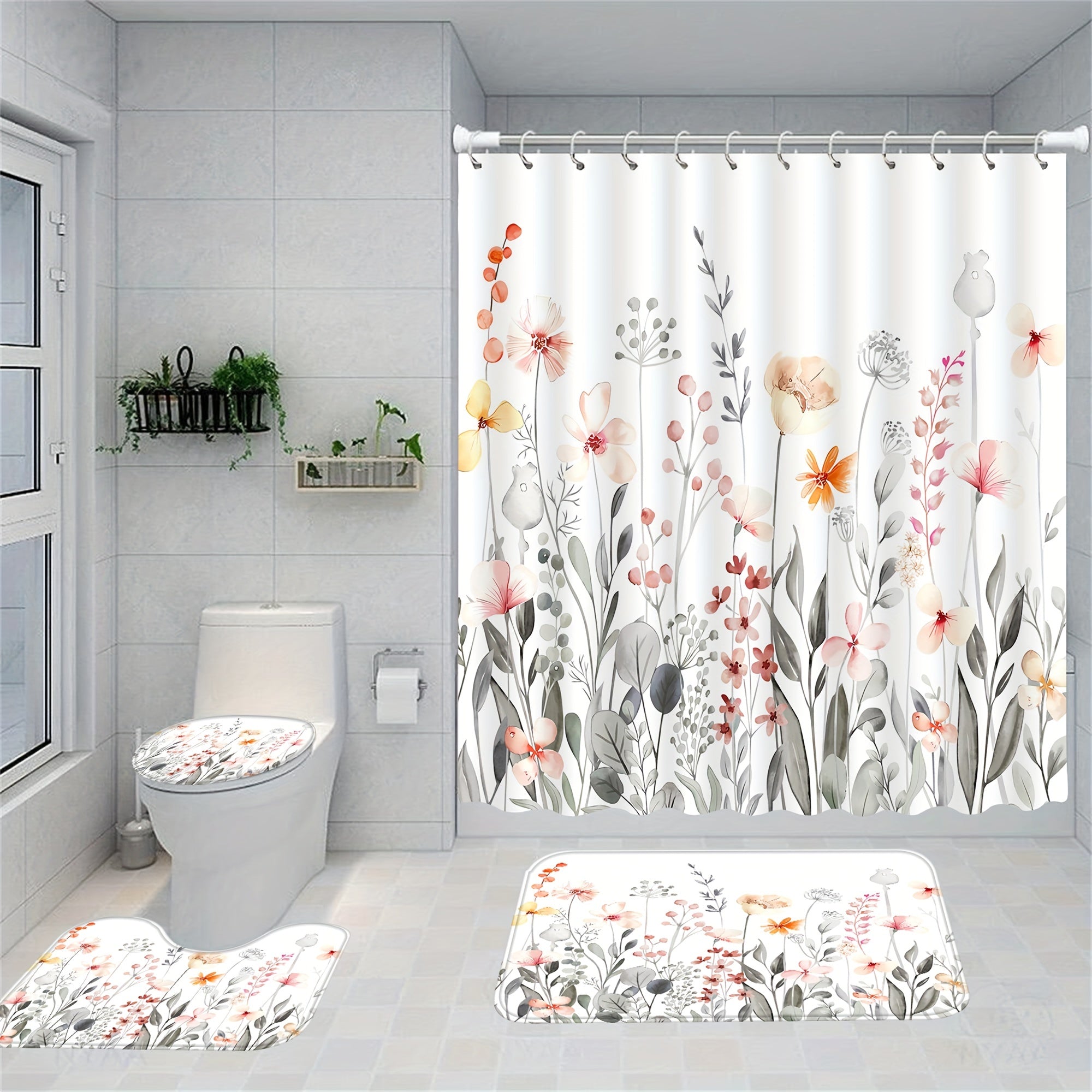 4pcs Floral Print Shower Curtain Set Waterproof and Mildew Proof