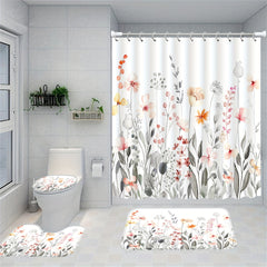 4pcs Floral Print Shower Curtain Set Waterproof and Mildew Proof